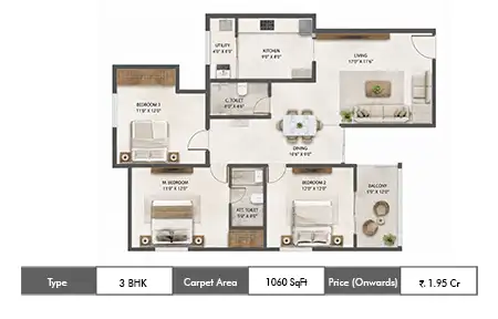 Sunteck Mira Road 3 BHK floor plan, 1060 sq ft carpet area