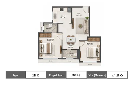 Sunteck Mira Road 2 BHK floor plan, 700 sq ft carpet area
